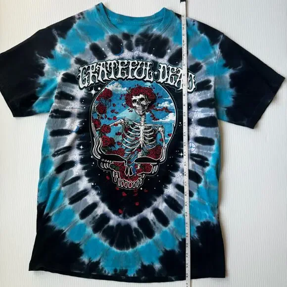 Grateful Dead Liquid Blue Tie Dye Skull Roses Steal Your Bertha Tee Double Sided - Picture 5 of 10